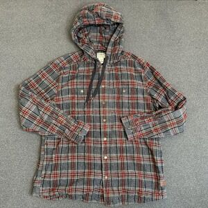 LL Bean Shirt Mens Large Gray Red Plaid Hooded Flannel Button Up Long Sleeve